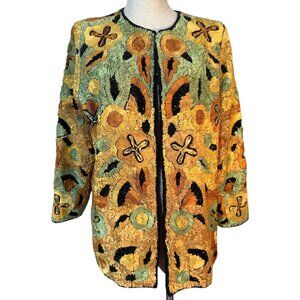 VTG Womens Floral Beaded Jacket Green Orange Black Long Sleeve Ribbon Embroidery